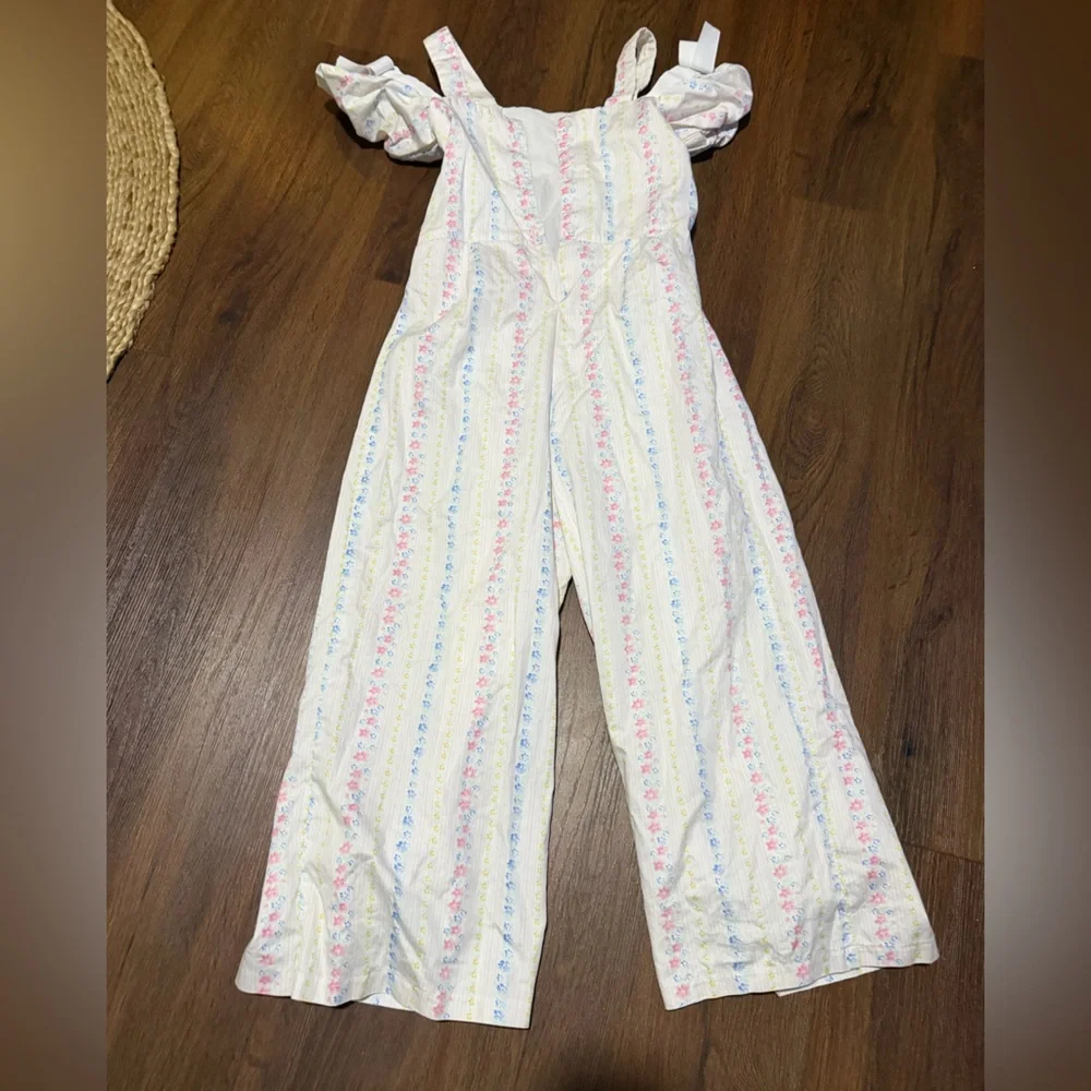Janie & Jack girls  Floral Striped Jumpsuit white bow sleeve spring casual $80